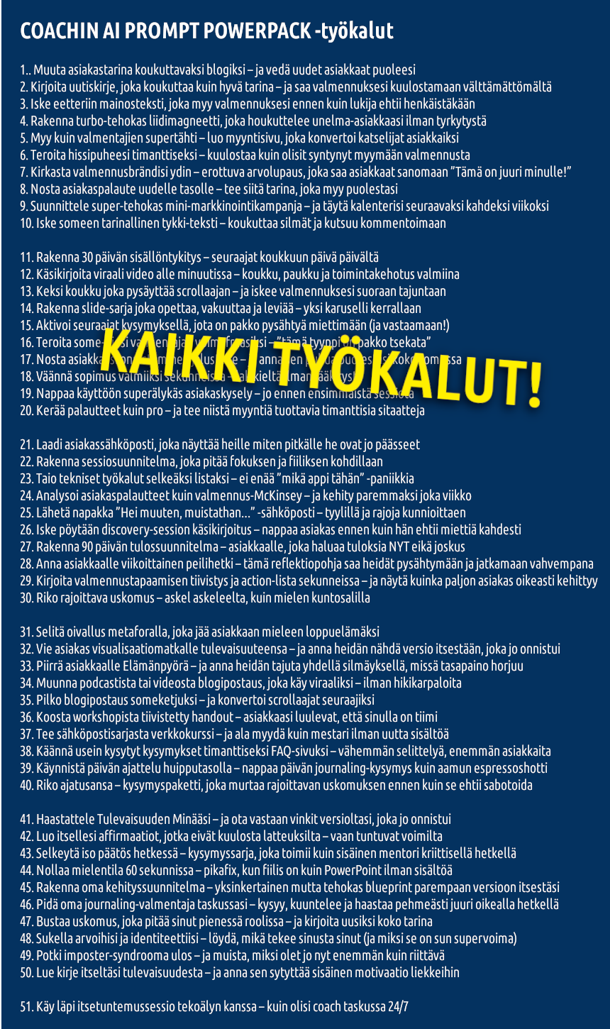 Lista kaikista Coachin AI Prompt PowerPack -kirjan ideoista